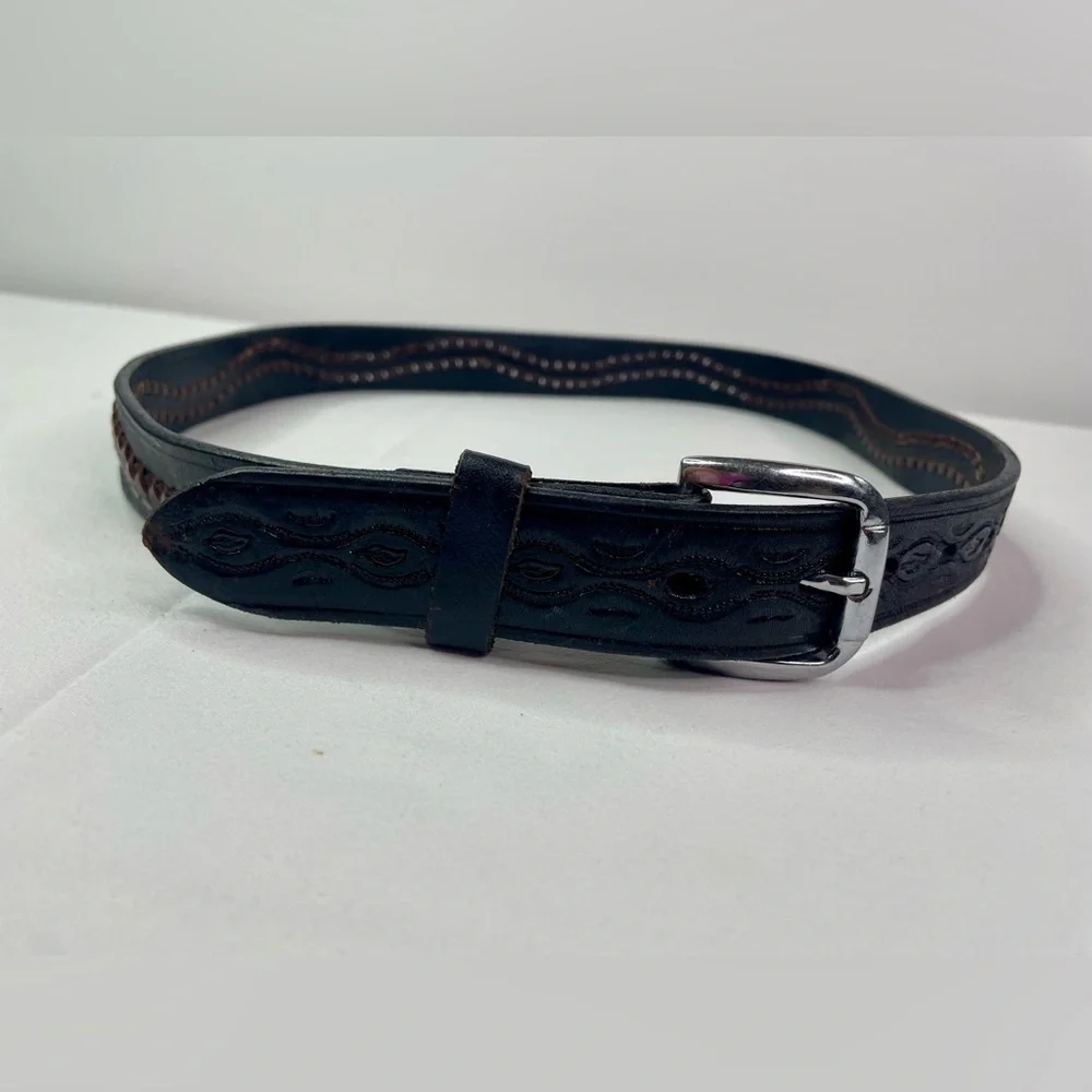 Black and Brown Braided Leather Belt Silver Buckle